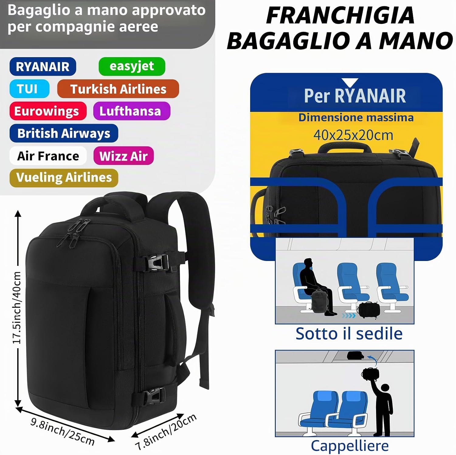 CNMTCCO Ryanair Backpack 40 x 30 x 20 cm for Trave... - immagine 4