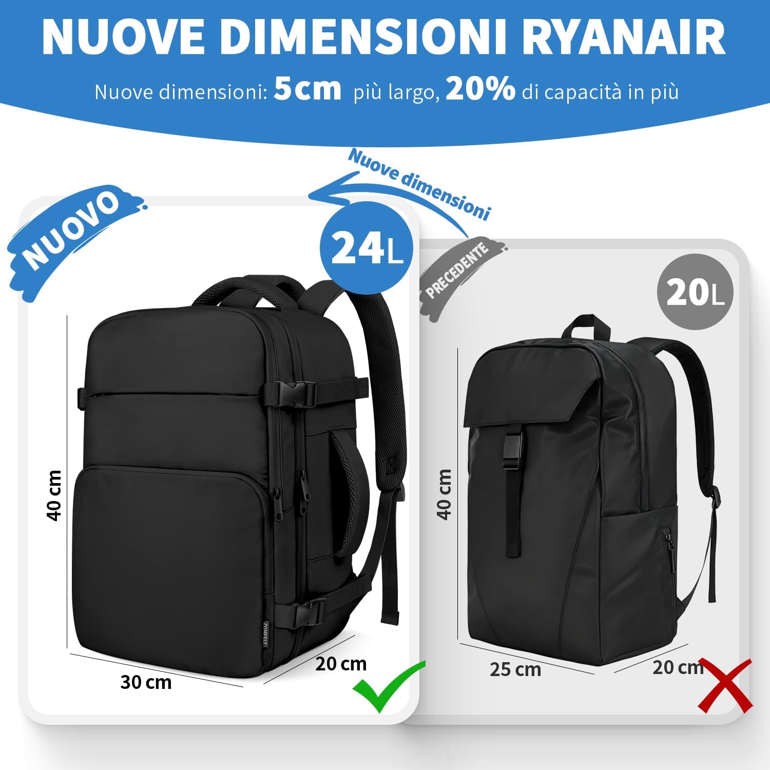 ZOMFELT Ryanair Backpack 40 x 30 x 20, 24L Hand Lu... - immagine 3