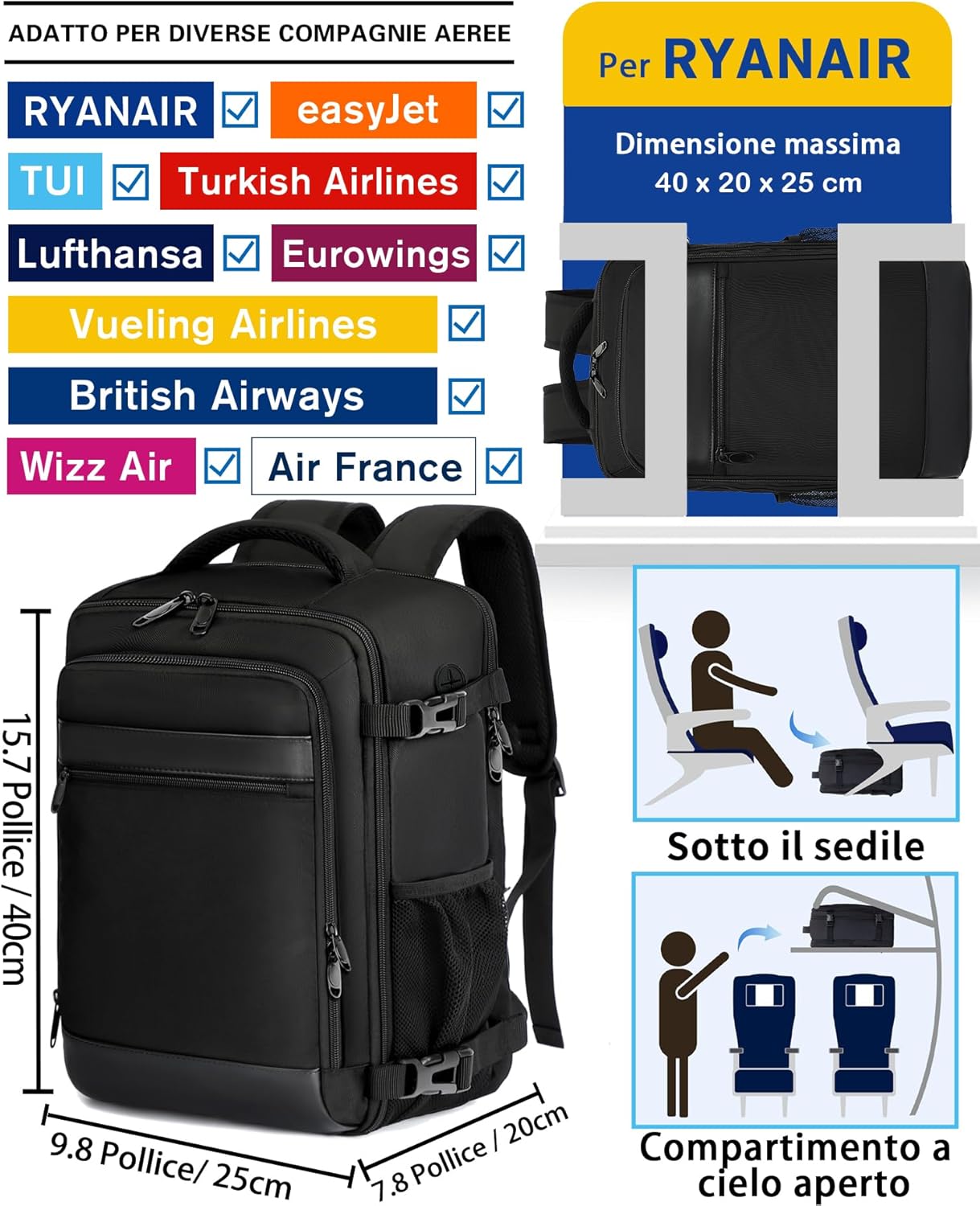 KLOSTAIN Ryanair Backpack 40 x 20 x 25 cm Travel A... - immagine 3