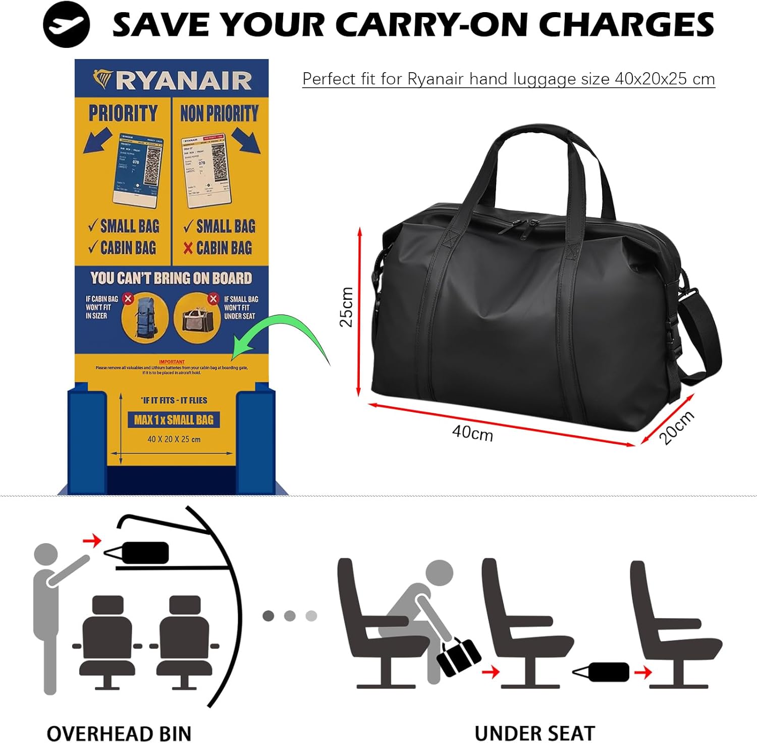 Bagaglio a Mano 40x20x25 Ryanair Zaino Borsa da Vi... - immagine 3