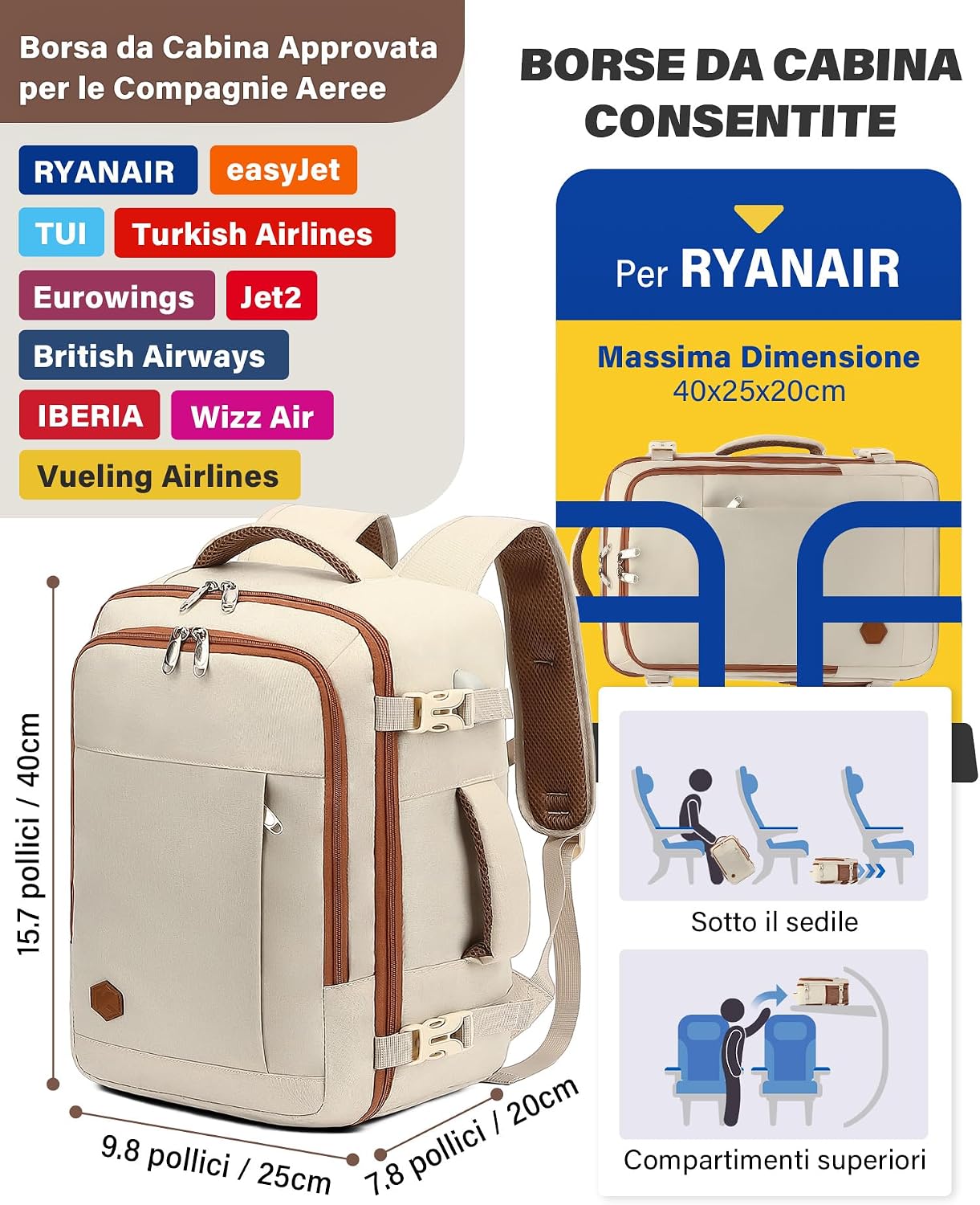 Van Kev Ryanair Backpack 40 x 20 x 25 cm for Trave... - immagine 4
